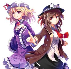 Rule 34 | 2girls, black hat, black skirt, blonde hair, blush, bow, brooch, brown eyes, brown hair, brown jacket, closed mouth, cowboy shot, dress, dress shirt, e.o., embellished costume, foreshortening, frilled sleeves, frills, hair bow, hand on own chest, hat, hat bow, hat ribbon, jacket, jewelry, lace, lace-trimmed skirt, lace trim, long sleeves, looking at viewer, looking to the side, maribel hearn, mob cap, multiple girls, neck ribbon, necktie, open clothes, open jacket, purple dress, purple eyes, red necktie, red ribbon, ribbon, shirt, skirt, smile, touhou, usami renko, white background, white bow, white shirt, wide sleeves