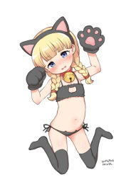 Rule 34 | 1girl, animal ears, animal hands, arm up, bare shoulders, bell, black bra, black hairband, black panties, black thighhighs, blonde hair, blue eyes, blunt bangs, blush, bra, braid, cat cutout, cat ear panties, cat ears, cat lingerie, choker, cleavage cutout, clothing cutout, collarbone, dated, dragon quest, dragon quest xi, fake animal ears, frilled bra, frills, full body, gloves, hairband, hand up, head tilt, jingle bell, kanya pyi, long hair, looking at viewer, low twintails, meme attire, navel, neck bell, no shoes, nose blush, panties, parted lips, paw gloves, red choker, side-tie panties, simple background, solo, thighhighs, twin braids, twintails, underwear, underwear only, veronica (dq11), white background