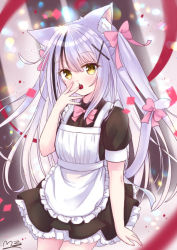 Rule 34 | 1girl, animal ears, apron, blurry, bow, cat ears, cat girl, cat tail, cherry, commentary request, confetti, depth of field, eyes visible through hair, fingers to mouth, food, frilled apron, frilled sleeves, frills, fruit, hair between eyes, hair bow, hair ornament, hair ribbon, long hair, looking at viewer, m ko (maxft2), maid, maid apron, mouth hold, multicolored hair, original, ribbon, short sleeves, sidelocks, signature, silver hair, slit pupils, solo, streaked hair, tail, tail bow, tail ornament, tail ribbon, thighhighs, two-tone hair, white thighhighs, x hair ornament, yellow eyes, zettai ryouiki