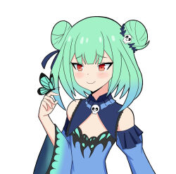 Rule 34 | 1girl, 2022, bad anatomy, blush, bug, butterfly, green hair, highres, hololive, iamghostskull, insect, red eyes, simple background, smile, thick outlines, uruha rushia, uruha rushia (1st costume), virtual youtuber, white background