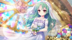 Rule 34 | 1girl, blue flower, blush, bouquet, breasts, bridal veil, bride, closed mouth, collarbone, cup, dot nose, dress, drinking glass, dutch angle, film grain, flower, flower request, game cg, green hair, holding, holding bouquet, hydrangea, indoors, izumi tsubasu, jewelry, lens flare, long hair, looking at viewer, medium breasts, necklace, non-web source, official art, pearl necklace, pink flower, purple flower, re:stage!, shirokita kuroha, short sleeves, smile, solo, sparkle, stained glass, veil, wedding, wedding dress, white dress, white flower, white headwear, white veil, yellow eyes, yellow flower