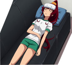 Rule 34 | 1girl, brown hair, couch, closed eyes, gym shorts, gym uniform, hara eriko, highres, pillow, ponytail, screencap, solo, venus project
