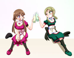 Rule 34 | 2girls, ;d, apron, arm up, between legs, black pantyhose, blush, breasts, brown hair, chibi, commentary request, cup, dress, drinking glass, green dress, green eyes, green footwear, grin, hand between legs, hat, unworn hat, unworn headwear, highres, hime cut, holding, holding cup, large breasts, leaning back, light brown hair, looking at another, mary janes, multiple girls, nishida satono, one eye closed, open mouth, pantyhose, parted bangs, pink background, pink dress, pink footwear, puffy short sleeves, puffy sleeves, purple eyes, rakugaki-biyori, shadow, shoes, short hair with long locks, short sleeves, sitting, small breasts, smile, tate eboshi, teireida mai, toasting (gesture), touhou, two-tone background, waist apron, white background