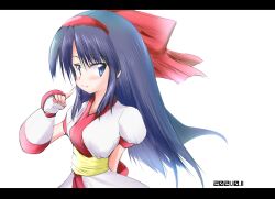 Rule 34 | 1girl, ainu clothes, arm behind back, blue eyes, blue hair, breasts, fingerless gloves, gloves, hair ribbon, highres, index finger raised, large breasts, long hair, looking at viewer, nakoruru, ribbon, samurai spirits, seductive smile, smile, snk, solo, the king of fighters