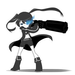 Rule 34 | 10s, 1girl, arm cannon, bad id, bad tumblr id, belt, black coat, black footwear, black rock shooter, black rock shooter (character), blue eyes, boots, coat, flaming eyes, front-tie top, mary cagle, midriff, monochrome, navel, scar, serious, short shorts, shorts, solo, spot color, twintails, weapon