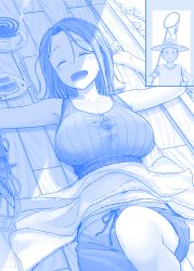 Rule 34 | 1boy, 1girl, :d, blue theme, breasts, closed eyes, comic, commentary request, drooling, electric fan, food, fruit, getsuyoubi no tawawa, hat, himura kiseki, indoors, kouhai-chan (tawawa), large breasts, leg up, lying, medium hair, mole, mole under eye, monochrome, mosquito coil, o o, on back, open mouth, outstretched arms, parted bangs, partially unbuttoned, short shorts, shorts, silent comic, sleeping, smile, straw hat, towel, watermelon, watermelon seeds
