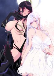 Rule 34 | 2girls, ane naru mono, areola slip, bare shoulders, black hair, blush, breasts, chiyo (ane naru mono), cleavage, covered navel, demon girl, dress, dual persona, elbow gloves, gloves, highres, horns, large breasts, long hair, looking at viewer, mole, mole under eye, monster girl, multiple girls, navel, nightgown, open mouth, pochi (pochi-goya), pointy ears, purple eyes, red eyes, see-through, smile, tentacle hair, thighhighs, topless, underboob, white dress, white hair