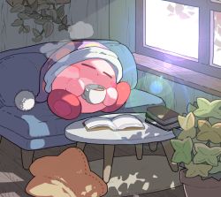 Rule 34 | :o, blush, blush stickers, book, book stack, closed eyes, closed mouth, coffee, coffee mug, couch, cup, full body, hat, holding, holding cup, indoors, kirby, kirby (series), lens flare, light rays, morning, mug, mutekyan, nightcap, nintendo, no humans, on couch, open book, pillow, plant, pom pom (clothes), potted plant, purple headwear, red footwear, rug, shoes, sleeping, star-shaped pillow, steam, sunlight, table, window, wooden floor