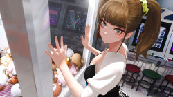 Rule 34 | 1girl, absurdres, arcade, arcade cabinet, black dress, blunt bangs, breasts, brown eyes, brown hair, checkered floor, cleavage, closed mouth, commentary, crane game, dress, dutch angle, eyelashes, eyeshadow, fingernails, from above, hand on glass, highres, indoors, jungon kim, looking at viewer, makeup, medium breasts, medium hair, original, scrunchie, short sleeves, sidelocks, solo, stool, stuffed animal, stuffed toy, twintails, video game, white sleeves, yellow scrunchie