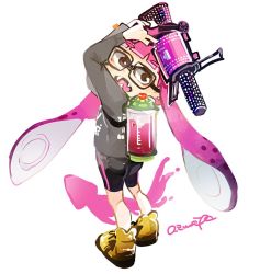 Rule 34 | .52 gal (splatoon), 1girl, artist name, azuma aya, bike shorts, blunt bangs, brown eyes, commentary request, fangs, glasses, ink tank (splatoon), inkling, inkling girl, inkling player character, looking at viewer, looking back, nintendo, open mouth, paint, pink hair, pointy ears, sharp teeth, shoes, sketch, solo, splatoon (series), splatoon 1, squid, super soaker, teeth, tentacle hair, white background