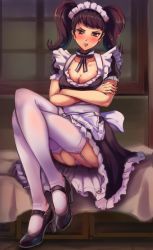 Rule 34 | 1girl, :t, absurdres, annoyed, apron, back bow, black bow, black bowtie, black dress, black footwear, blue eyes, blush, bow, bowtie, breasts, cleavage, closed mouth, collarbone, crossed arms, crossed legs, dress, embarrassed, female focus, frilled apron, frilled dress, frills, full body, garter straps, high heels, highres, indoors, kawakami sadayo, maid, maid apron, maid headdress, medium breasts, medium hair, nail polish, panties, pantyshot, persona, persona 5, pout, puffy short sleeves, puffy sleeves, red nails, shiny skin, shoes, short sleeves, sidelocks, sitting, solo, striped bow, striped bowtie, striped clothes, striped neckwear, swept bangs, thighhighs, toasty scones, twintails, underwear, upskirt, v-shaped eyebrows, white apron, white panties, white thighhighs, window