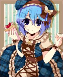 Rule 34 | 1girl, :t, alternate costume, belt, beret, blue dress, blue eyes, blue hair, blue hat, bluestar iz, blush stickers, border, bow, bowtie, breasts, brown belt, brown border, brown bow, brown bowtie, brown dress, brown sailor collar, buttons, claire elford, cowboy shot, cream, cream on face, crepe, cross-laced clothes, crossed bangs, double-breasted, dress, food, food on face, frilled dress, frilled sailor collar, frills, fruit, green background, hair between eyes, hair bow, hat, hat bow, holding, holding food, large breasts, looking at viewer, outside border, plaid, plaid dress, plaid headwear, puffy short sleeves, puffy sleeves, sailor collar, short hair, short sleeves, solo, strawberry, striped, striped background, two-tone dress, whipped cream, witch&#039;s heart, wrist cuffs