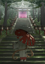 Rule 34 | 1girl, brown hair, closed mouth, dappled sunlight, day, forest, full body, glowing, glowing eyes, half-closed eyes, haori, highres, holding, holding umbrella, japanese clothes, kimono, lantern, light particles, long hair, long sleeves, looking at viewer, looking back, low twintails, nature, ne an ito, oil-paper umbrella, outdoors, portal (object), purple eyes, red kimono, sandals, shide, smile, socks, solo, stairs, sunlight, torii, torn umbrella, tree, tsukuyomi ai, twintails, umbrella, very long hair, voiceroid, white socks, wide sleeves, zouri