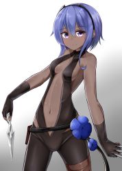 Rule 34 | 1girl, absurdres, between fingers, black gloves, blue hair, blush, breasts, center opening, closed mouth, cowboy shot, dark-skinned female, dark skin, fate/prototype, fate/prototype: fragments of blue and silver, fate (series), fingerless gloves, gloves, hair between eyes, halterneck, hassan of serenity (fate), highres, holding, holding knife, holding weapon, knife, knives between fingers, looking at viewer, moyoron, navel, purple eyes, short hair with long locks, sidelocks, small breasts, smile, solo, unitard, weapon