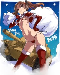 Rule 34 | 10s, 1girl, 2015, ban! (bansankan), bikini, bow, breasts, brown eyes, brown hair, cape, curvy, elbow gloves, girls und panzer, gloves, hair bow, hand on own hip, highres, kadotani anzu, micro bikini, military, military vehicle, motor vehicle, navel, red bikini, red gloves, red thighhighs, sack, small breasts, smile, snow, solo, swimsuit, tank, tank destroyer, thighhighs, twintails, vehicle