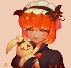 Rule 34 | 1girl, bow, bright pupils, butterfly hair ornament, child, closed mouth, cookie run, eggutarto, ghost, hair ornament, highres, humanization, juliet sleeves, long sleeves, orange eyes, orange hair, puffy sleeves, pumpkin pie cookie, short hair, smile, solo, stuffed animal, stuffed toy, upper body