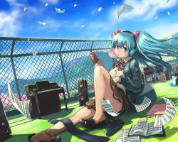 Rule 34 | 1girl, aqua eyes, aqua hair, bare legs, barefoot, beamed quavers, blue sky, book, blowing bubbles, cellphone, chain-link fence, chewing gum, day, digital piano, feet, fence, floating hair, flying paper, guitar, hatsune miku, headphones, instrument, leg up, legs, long hair, long legs, musical note, on floor, paper, petals, phone, piano, ponzu (catponz), scenery, school uniform, sheet music, shoes, single shoe, sitting, skirt, sky, sock pull, socks, soles, solo, speaker, thighs, toes, twintails, vocaloid, wind