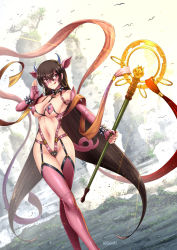 Rule 34 | 1girl, adsouto, alternate costume, animal ears, artist name, bird, bondage outfit, bracelet, breasts, brown hair, collar, earrings, elbow gloves, fate/grand order, fate (series), garter belt, gloves, highres, hoop earrings, horns, jewelry, large breasts, licking lips, mountain, navel, o-ring, o-ring top, pig ears, pig tail, purple eyes, revealing clothes, shakujou, smile, solo, spiked bracelet, spiked collar, spikes, staff, tail, tongue, tongue out, tree, xuangzang sanzang (fate)