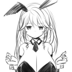 Rule 34 | 1girl, animal ears, breasts, cleavage, detached collar, greyscale, huge breasts, lineart, long hair, looking at viewer, monochrome, simple background, sketch, solo, upper body, white background, zaxwu