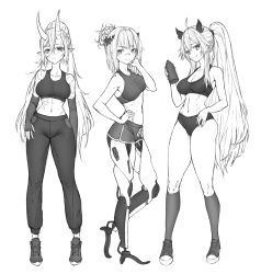 Rule 34 | 3girls, akumi (yoclesh), alternate costume, android, breasts, commentary, english commentary, greyscale, gym shorts, hair behind ear, hand on own hip, highres, horns, indie virtual youtuber, jin grey paladin, looking to the side, mechanical legs, medium breasts, monochrome, multiple girls, oni horns, pants, pointy ears, ponytail, scar, scar on arm, scar on face, shorts, smile, sweatpants, the cecile (vtuber), vei (vtuber), virtual youtuber