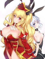 Rule 34 | 2girls, animal ears, anne bonny (fate), armband, back-to-back, blonde hair, blue eyes, blush, breasts, closed mouth, cowboy shot, detached collar, detached sleeves, fake animal ears, fate/grand order, fate (series), frills, gloves, grin, hair between eyes, hat, highres, large breasts, leotard, long hair, looking at viewer, mary read (fate), medium breasts, multiple girls, parted lips, pirate, pirate hat, playboy bunny, rabbit ears, red eyes, red gloves, red leotard, short hair, silver hair, skull and crossbones, smile, standing, teeth, wavy hair, yaman (yamanta lov)