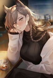 Rule 34 | 1girl, animal ears, arknights, black sweater, blush, braid, brown eyes, brown hair, cup, drinking glass, extra ears, hair ornament, highres, indoors, jacket, kachi, long hair, looking at viewer, mole, mole above eye, mole on forehead, official alternate costume, open clothes, open jacket, penance (arknights), penance (occasionally flushed) (arknights), single braid, solo, sweater, turtleneck, turtleneck sweater, white jacket, wolf ears, wolf girl