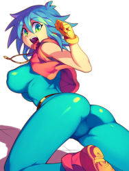 Rule 34 | 1girl, :d, allenby beardsley, ankle boots, ass, bad id, bad pixiv id, bare shoulders, belt, belt skirt, bent over, blue bodysuit, blue hair, bodysuit, boots, breasts, clenched hand, covered erect nipples, cropped jacket, female focus, from behind, g gundam, gloves, gundam, hair between eyes, impossible clothes, jacket, jewelry, kneeling, large breasts, looking at viewer, looking back, metata, necklace, open clothes, open mouth, open vest, pendant, shadow, short hair, skin tight, smile, solo, spread legs, unitard, vest, white background, yellow gloves