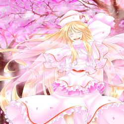 Rule 34 | 1girl, arms behind back, bad id, bad pixiv id, blonde hair, bow, cherry blossoms, dress, closed eyes, female focus, flower, hat, highres, lily white, long hair, nature, outdoors, petals, plant, shunsuke, smile, solo, touhou, tree, very long hair