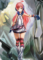 Rule 34 | 1girl, ahoge, android, belt, boots, conjaku, dress, female focus, gloves, headphones, joints, kneehighs, long hair, pink hair, red eyes, robot joints, sf-a2 miki, smile, socks, solo, star (symbol), striped clothes, striped gloves, striped socks, striped thighhighs, thighhighs, vocaloid, wrist cuffs