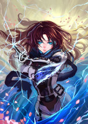 Rule 34 | 1girl, absurdres, animification, apex legends, armor, blue eyes, blue scarf, brown hair, electricity, floating hair, gloves, glowing, glowing eyes, highres, holding, holding knife, knife, kunai, long hair, official alternate costume, parted lips, petals, scarf, smile, solo, voidwalker wraith, weapon, white gloves, wraith&#039;s kunai, wraith (apex legends), zhujun0431