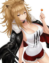 Rule 34 | 1girl, animal ears, arknights, artnohearts, blonde hair, breasts, candy, choker, cleavage, closed mouth, collarbone, commentary request, crossed bangs, food, fur trim, hair between eyes, large breasts, lion ears, lollipop, long hair, looking at viewer, nail polish, shorts, siege (arknights), simple background, solo, tank top, white background, yellow eyes