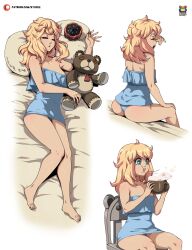 Rule 34 | 1boy, ;o, alternate costume, ass, bed sheet, blonde hair, bridget (guilty gear), cup, green eyes, guilty gear, guilty gear strive, highres, holding, holding cup, kyoffie, looking at viewer, male focus, medium hair, messy hair, on bed, one eye closed, open mouth, roger (guilty gear), rubbing eyes, sleeping, sleepwear, sleepy, trap, waking up, yawning, yo-yo