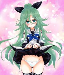 Rule 34 | 10s, 1girl, aqua eyes, aqua hair, ass, bare shoulders, black dress, black ribbon, black skirt, black thighhighs, blush, breasts, clothes lift, cowboy shot, detached sleeves, dress, embarrassed, gluteal fold, hair between eyes, hair ribbon, kantai collection, lifted by self, long hair, looking at viewer, md5 mismatch, messy hair, panties, pantyshot, parted bangs, pleated skirt, ponytail, resolution mismatch, ribbon, skirt, skirt lift, small breasts, solo, source smaller, standing, tamanori (isokazelove), thighhighs, thighs, underwear, white panties, wide sleeves, yamakaze (kancolle)