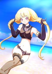 Rule 34 | 1boy, absurdres, artist request, beach, blonde hair, blush, braid, cloud, crossdressing, fishnet thighhighs, fishnets, highres, looking at viewer, male focus, ocean, pointy ears, princess connect!, purple eyes, sky, smile, solo, thighhighs, trap, yuki (princess connect!)