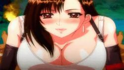 Rule 34 | 1990s (style), 1boy, 1girl, animated, animated gif, animated png, blush, bouncing breasts, breasts, brown eyes, brown hair, censored, cleavage, covered erect nipples, cum, dark-skinned male, dark skin, earrings, ejaculation, ejaculation between breasts, facing viewer, final fantasy, final fantasy vii, handsfree paizuri, hitsuki, huge breasts, interracial, jewelry, large breasts, looking at viewer, lowres, outdoors, paizuri, paizuri under clothes, penis, pov, pov crotch, qvga, retro artstyle, shirt, tank top, tifa lockhart, white shirt