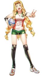 Rule 34 | 1girl, ball, blonde hair, elbow pads, fate/grand order, fate (series), full body, heroic spirit festival outfit, highres, hiroe rei, holding, holding ball, knee pads, long hair, looking at viewer, mexican flag, official art, quetzalcoatl (fate), quetzalcoatl (festival outfit) (fate), shoes, smile, sportswear, textless version, thighhighs, v, volleyball (object), volleyball uniform, white background, yellow eyes