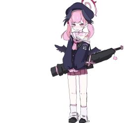 1girl ascot beret black_footwear black_shirt blue_archive closed_mouth full_body gun halo hat head_wings highres holding holding_gun holding_weapon koharu_(blue_archive) long_sleeves looking_at_viewer loose_socks low_wings miniskirt off_shoulder pink_ascot pink_eyes pink_hair raised_eyebrows red_skirt rifle shirt simple_background single_bare_shoulder skirt socks solo standing sudzume twintails weapon white_background white_socks wings