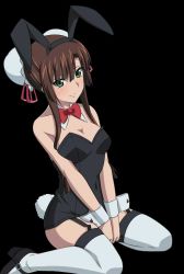 Rule 34 | 10s, 1girl, animal ears, between legs, black hairband, bow, bowtie, breasts, brown hair, choker, cleavage, covered navel, fake animal ears, garter straps, green eyes, grey thighhighs, hair ribbon, hairband, hand between legs, high heels, kirasaka sayaka, kneeling, leotard, looking at viewer, medium breasts, pink ribbon, playboy bunny, rabbit ears, rabbit tail, red bow, red bowtie, ribbon, short hair with long locks, sidelocks, smile, solo, strapless, strapless leotard, strike the blood, tail, thighhighs, transparent background