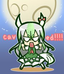 Rule 34 | 1girl, caved, chibi, ex-keine, full body, hands up, horn ornament, horn ribbon, horns, kamishirasawa keine, long hair, moon, open mouth, ribbon, solo, text in mouth, touhou, yukiduki