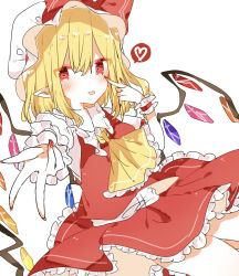 Rule 34 | 1girl, blonde hair, dress, flandre scarlet, frills, hat, heart, heart-shaped pupils, highres, nail polish, neck ribbon, nishiki1225, pointy ears, red dress, red eyes, red nails, ribbon, side ponytail, symbol-shaped pupils, tongue, tongue out, touhou, wings, wristband