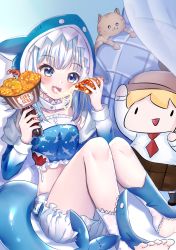 Rule 34 | 1girl, :d, absurdres, animal, animal hood, bloomers, blue eyes, blue hair, blush, bottle, breasts, cat, cheese trail, coca-cola, commentary, curtains, fins, fish tail, food, gawr gura, hands up, highres, holding, holding bottle, hololive, hololive english, hood, hood up, knees up, multicolored hair, nail polish, open mouth, pizza, pizza slice, rinringyo, shark hood, shark tail, sharp teeth, sitting, small breasts, smile, smol ame, soda bottle, solo, streaked hair, tail, teeth, transparent, underwear, virtual youtuber, watson amelia, white bloomers, white hair