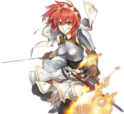 Rule 34 | 00s, 1girl, armor, black pantyhose, breastplate, cecily cambell, fire, gloves, long hair, looking at viewer, luna (reclaimed land), pantyhose, pauldrons, red eyes, red hair, scabbard, seiken no blacksmith, sheath, shoulder armor, simple background, skirt, solo, sword, weapon, white background