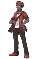 Rule 34 | 1boy, aged up, artist request, bag, black eyes, bracelet, brown hair, creatures (company), dark-skinned male, dark skin, full body, game freak, highres, jewelry, kiawe (pokemon), male focus, multicolored hair, necklace, nintendo, open clothes, open shirt, pants, pokemon, pokemon sm, red hair, shirt, shoes, short hair, short sleeves, smile, sneakers, solo, trial captain, two-tone hair, white background