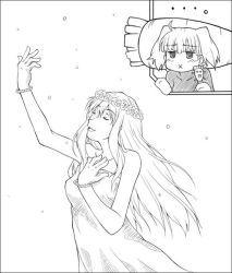Rule 34 | 00s, 2girls, :x, bare shoulders, bracelet, closed eyes, collarbone, dress, expressionless, greyscale, hand on own chest, head wreath, jewelry, jitome, long hair, macross, macross frontier, monochrome, multiple girls, ranka lee, sheryl nome, simple background, upper body, white background
