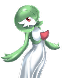 Rule 34 | 1girl, colored skin, cowboy shot, creatures (company), female focus, game freak, gardevoir, gen 3 pokemon, green hair, green skin, hair over one eye, highres, looking at viewer, multicolored skin, nintendo, pokemon, pokemon (creature), red eyes, shiny skin, short hair, shoukin500, simple background, smile, solo, standing, two-tone skin, white background, white skin