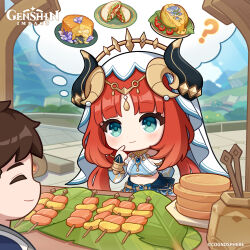 Rule 34 | 1boy, 1girl, absurdres, aqua eyes, blunt bangs, blurry, blurry background, breasts, brown hair, chibi, closed mouth, commentary, copyright name, curled horns, day, dot nose, english commentary, food, genshin impact, hand up, harem outfit, highres, horns, light smile, long hair, long sleeves, low twintails, medium breasts, nilou (genshin impact), official art, parted bangs, red hair, thought bubble, twintails, upper body, veil