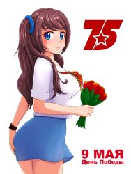 Rule 34 | 1girl, blue eyes, blue scrunchie, blue skirt, bouquet, breasts, brown hair, commentary, cowboy shot, dated, english commentary, flower, hair ornament, hair scrunchie, highres, holding, holding bouquet, huyase, long hair, looking at viewer, medium breasts, neckerchief, red neckerchief, russian text, scrunchie, shirt, short sleeves, side ponytail, simple background, skirt, smile, solo, star (symbol), translated, white background, white shirt, wristband