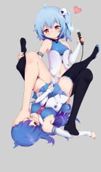 Rule 34 | 2girls, absurdres, ahoge, assertive female, bare shoulders, barefoot, between legs, bili girl 22, bili girl 33, bilibili, black legwear, blue hair, blue skirt, blush, breasts, chashuwu, chinese commentary, closed mouth, commentary request, covering privates, covering crotch, detached sleeves, female focus, foot on head, grey background, hair ornament, heart, highres, legs over head, legs up, light blue hair, long hair, medium breasts, midriff, multiple girls, navel, necktie, no shoes, one eye closed, one side up, pleated skirt, red eyes, shoes, short hair, shorts, sideboob, simple background, single bare leg, single shoe, single thighhigh, skirt, skirt tug, small breasts, smile, thighhighs, upside-down, white shorts, yuri