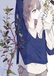 Rule 34 | 1girl, arm up, asai umi, beige pants, commentary request, earrings, expressionless, grey eyes, grey hair, hair ornament, hairpin, half updo, hand up, hands in opposite sleeves, highres, jewelry, layered sleeves, long hair, long sleeves, original, plant, short over long sleeves, short sleeves, solo, upper body