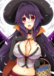 Rule 34 | 1girl, :d, basket, blush, breasts, candy, cape, cleavage, cu-no, elbow gloves, food, full-face blush, full moon, glasses, gloves, halloween, hat, hisen kaede, kikyou-0423, kokonoe tamaki, large breasts, long hair, looking at viewer, midriff, moon, navel, official art, open mouth, pince-nez, purple eyes, purple hair, shiny skin, shishou (cu-no), smile, witch hat